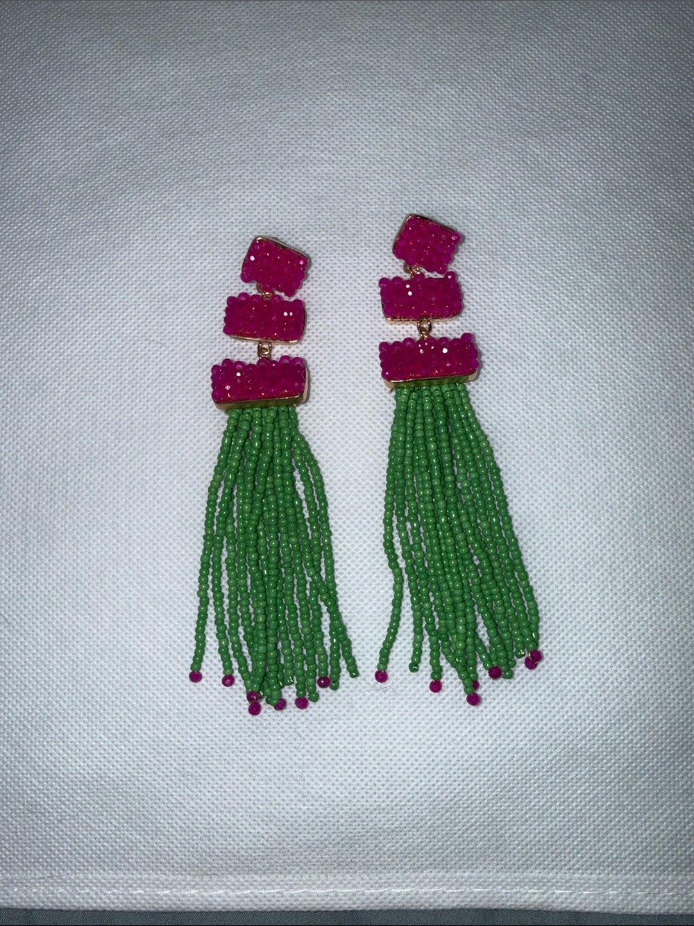Pink and Green Beaded Tassel Drop Earrings